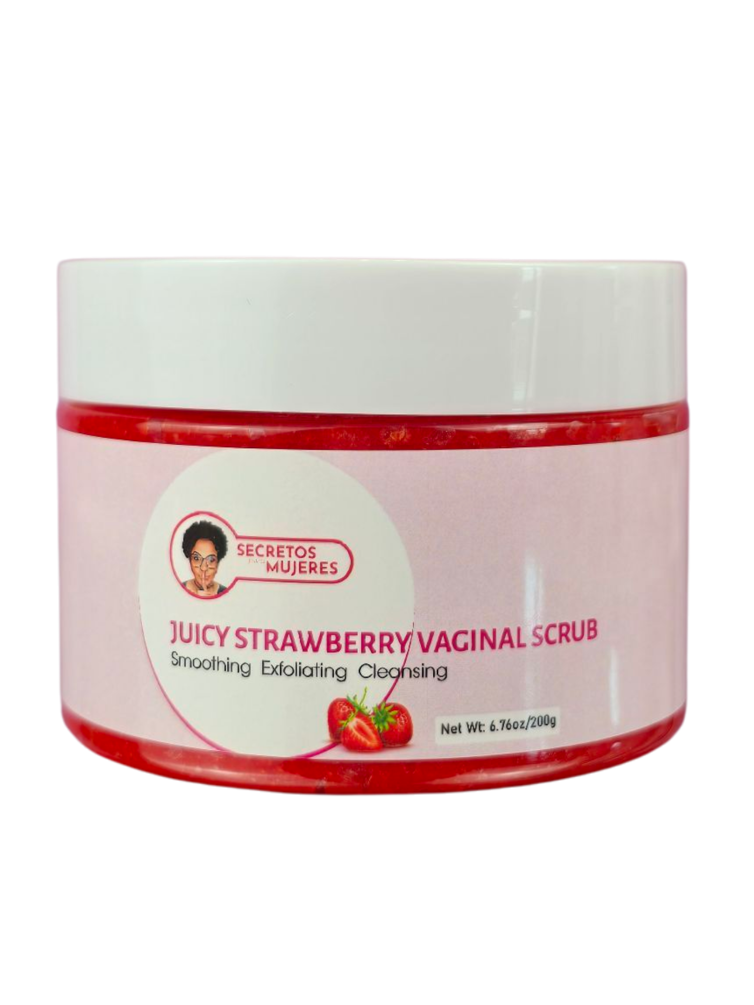 Tarro de Exfoliante Vaginal de Fresa con ingredientes naturales.