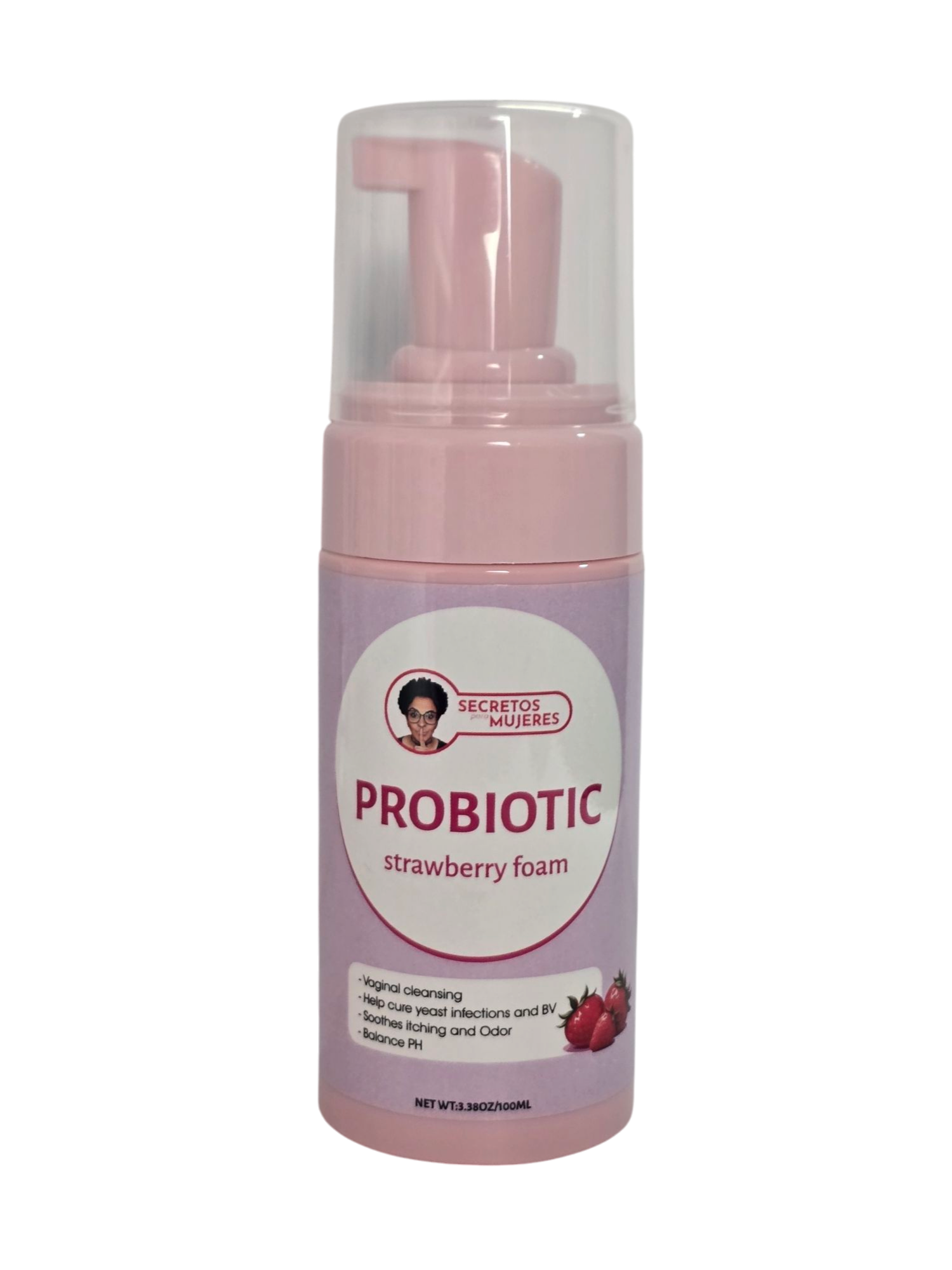 Botella de 3.38 oz de jabón en espuma Íntimo femenino probiótico de fresa, tamaño viaje, pH balanceado