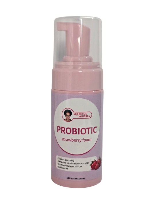 Botella de 3.38 oz de jabón en espuma Íntimo femenino probiótico de fresa, tamaño viaje, pH balanceado